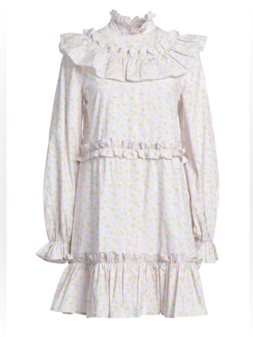 Ganni Ruffle Floral-Print Mini Dress 100% Cotton size 42 US L NWT